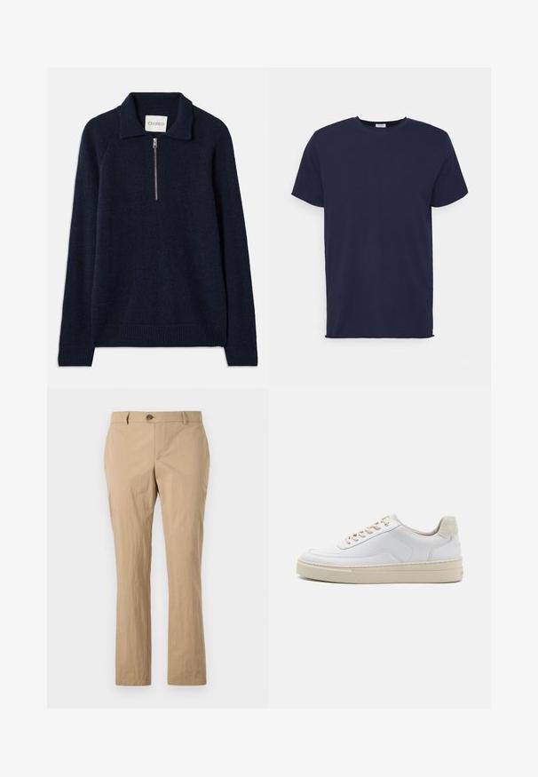 Navyblauwe pullovertrui met ritskraag, gemaakt van een zachte gebreide stof. Heeft raglanmouwen en ribgebreide manchetten en onderrand.; Navyblauwe T-shirt met korte mouwen van zachte stof. Heeft een ronde hals en een rechte snit zonder patronen of accenten.; Beige katoenen broek met een rechte pijp, voorzien van een knoopsluiting, riemlussen en een zachte textuur. Geen zichtbare patronen.; Witte sneaker met een gevoerd leren bovenwerk, beige veters en een gestructureerde beige suede hieltab. Verhoogde zool voor extra hoogte.