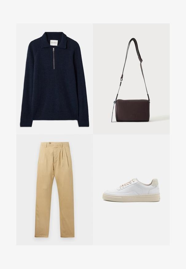 Mørkeblå pullovertrøje med lynlås krave, lavet af et blødt strikmateriale. Har raglanærmer og ribbede manchetter og søm.; CLOSED BERGEN TAPERED - Chino - beige; Hvide sneakers med en glat læderoverdel, beige snørebånd og en tekstureret beige ruskindsheel-tab. Hævet sål for ekstra højde.; Mørkebrun textured læder crossbody taske med justerbar rem og lille dekorativ blå accent på siden.