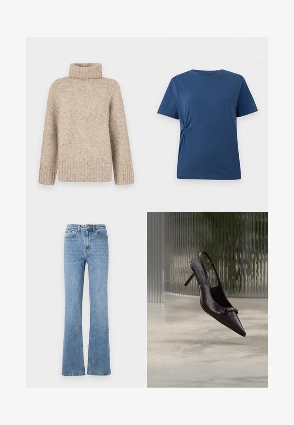 Vero Moda Knitted VMINGRID Knitted - Striktrøje - beige; Blå T-shirt med korte ærmer og en subtil sideknude på venstre talje, vist på en hvid baggrund.; Lys blå denimjeans med en flared benedesign, høj talje og minimal hardware. Har klassisk fem-lomme stil og diskret syning.; Blank sort spids røvhælssandal med lille dekorativ spænde, svævende over en beton gulv med en tekstureret glas baggrund.