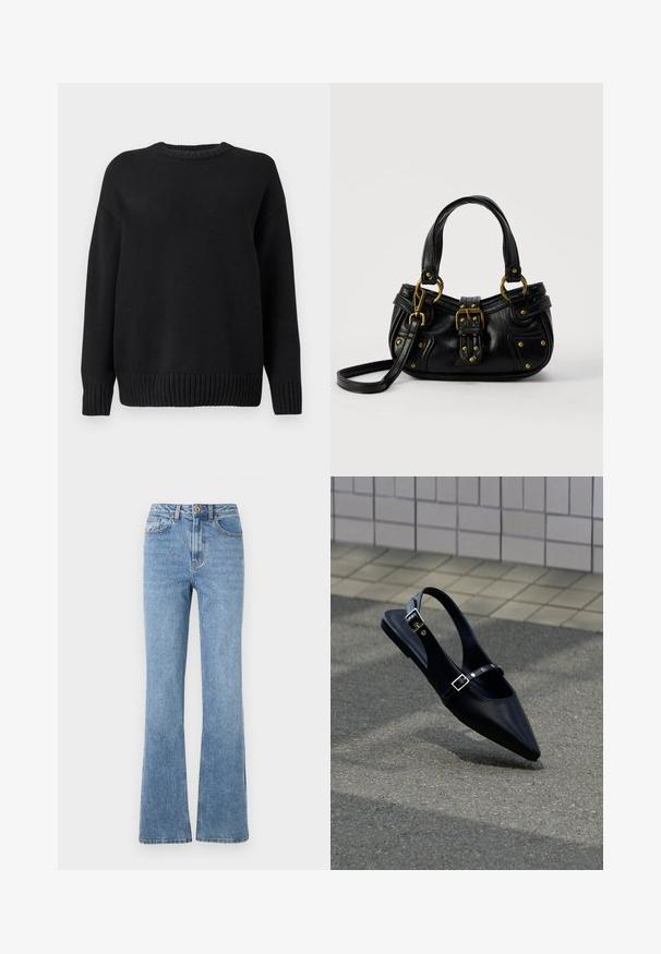 Pull en maille noir à manches longues avec col rond côtelé, poignets et ourlet, présenté sur un fond blanc uni.; Jean en denim bleu clair avec un design à jambe évasée, taille haute et quincaillerie minimale. Présente un style classique à cinq poches et une couture discrète.; Mocassin noir à bout pointu et bride arrière, avec double boucle, posé sur un asphalt gris près d'un mur carrelé en arrière-plan.; Sac à main en cuir noir avec boucle dorée et détails à rivets, poignées courtes et bandoulière réglable sur fond blanc uni.