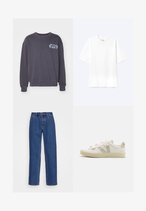 Grå sweatshirt med rund halsudskæring og ribbede manchetter. Har et fremtrædende "Star Wars" grafik i blå og lys blå nuancer på brystet.; Enkel hvid T-shirt med korte ærmer og rund hals med afslappet pasform, vist på en lys baggrund.; Blå denim jeans med en klassisk lige ben-design, der har høj talje, bæltestropper og diskrete syninger.; Hvide lædersneakers med Velcro-remme, beige accenter, rund tå, tekstureret gummisål og prægede logo. Minimalistisk design.