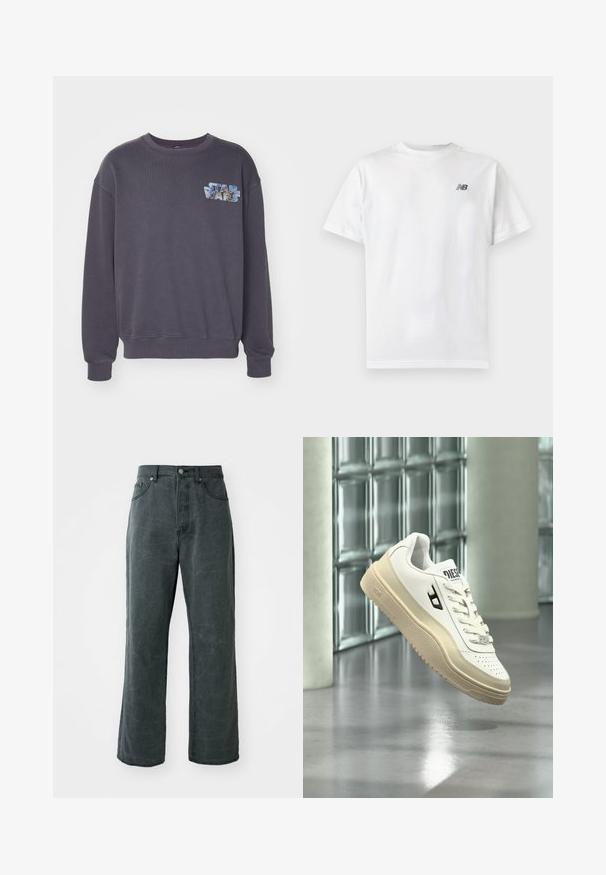 Grå sweatshirt med rund halsudskæring og ribbede manchetter. Har et fremtrædende "Star Wars" grafik i blå og lys blå nuancer på brystet.; Hvid t-shirt med korte ærmer og rund halsudskæring med et lille sort New Balance-logo på øverste venstre bryst på en ensartet lys baggrund.; Bredde ben mørkegrå jeans lavet af denim, med høj talje, fem-lomme design og en subtil distressed tekstur.; Hvid Diesel sneaker med beige sål ophængt over en poleret gulv, glasstensvæg og betonpiller i baggrunden.