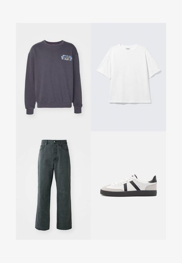 Grå sweatshirt med rund halsudskæring og ribbede manchetter. Har et fremtrædende "Star Wars" grafik i blå og lys blå nuancer på brystet.; Hvid oversized t-shirt med korte ærmer og rund halsudskæring med sænkede skuldre, fladt lagt på lys grå baggrund.; Bredde ben mørkegrå jeans lavet af denim, med høj talje, fem-lomme design og en subtil distressed tekstur.; Hvide sneakers med sorte og grå detaljer, med en tekstureret grå tåhætte, sort gummisål og flade hvide snørebånd. Rent design, minimalistisk stil.