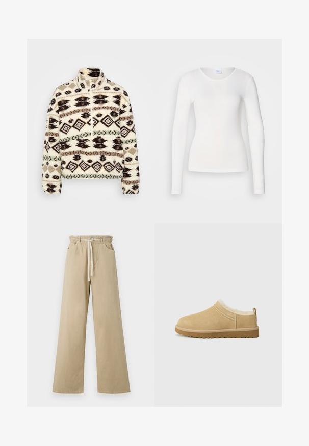 Sudadera de media cremallera de forro polar en crema, con patrones geométricos en negro, marrón y menta, un cuello alto y puños acanalados.; Camisa blanca de manga larga hecha de una tela suave y lisa; presenta un cuello redondo y una forma ajustada, sin patrones ni adornos.; Pantalones de pierna ancha beige hechos de algodón con cintura elástica y cordón. Cuenta con dos bolsillos laterales y una textura suave.; Zapato de ante sin cordones en color marrón claro, con un suave forro de piel de zorro y suela de goma texturizada con un ligero tacón y una lengüeta trasera para facilitar el uso.