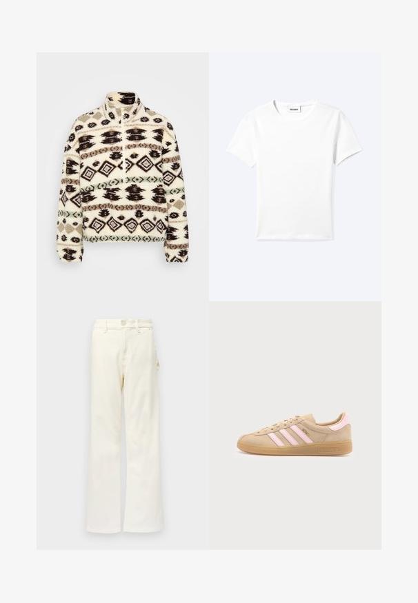 Sudadera de media cremallera de forro polar en crema, con patrones geométricos en negro, marrón y menta, un cuello alto y puños acanalados.; Camiseta blanca lisa de manga corta con cuello redondo y una pequeña etiqueta "WEEKDAY" dentro del cuello, mostrada extendida sobre un fondo claro.; Good American GOOD 90S CARPENTER - Pernera ancha - white denim; Zapatilla beige Adidas Munich con rayas rosas, suela de goma y texto dorado "Munich" en el lateral, mostrada desde el interior sobre fondo blanco.