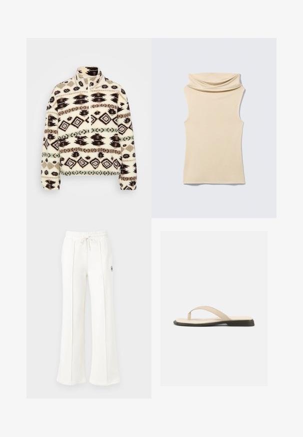 Fleece halv-zip pullover i crème, med geometriske mønstre i sort, brun og mint, med høj krave og ribbede manchetter.; Ærmeløs beige rullekravetrøje med blødt, foldet nakke-detalje, lagt fladt på en lys grå baggrund.; Hvide sweatpants med brede ben, der har en elastisk talje med snøre og en lille broderet logo på den ene side. Blødt stof.; Beige flad thongsandal med polstret fodseng og sort sål, vist fra siden på hvid baggrund.
