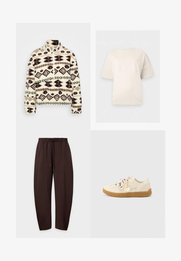 Fleece halv-zip pullover i crème, med geometriske mønstre i sort, brun og mint, med høj krave og ribbede manchetter.; Enkelt off-white kortærmet T-shirt med rund halsudskæring, vist mod en neutral lysegrå baggrund.; Brune casual bukser med elastisk talje og snøre, vist fladt mod en lys baggrund.; Kremfarvet lavtop sneaker med brun sål, mærket lyserøde snørebånd i båndform og en lille hvid pompom-vedhæng hængende på siden.