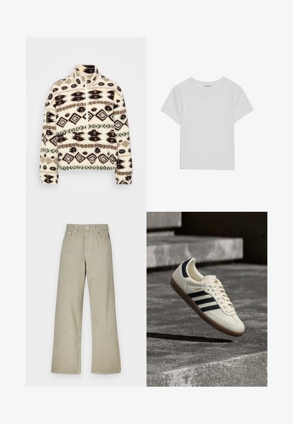 Fleece halv-zip pullover i crème, med geometriske mønstre i sort, brun og mint, med høj krave og ribbede manchetter.; Hvid kortærmet V-hals t-shirt lavet af ribbet stof. Har et rent design med en lige kant og minimal detaljer.; Khaki bredde ben jeans lavet af bomuldsblanding. Har en knaplukning, fem lommer og en ren, struktureret stofoverflade.; Hvid Adidas Samba sneaker med sorte striber og gummsål, svævende over teksturerede grå betonstrin.