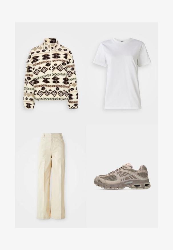 Fleece halv-zip pullover i crème, med geometriske mønstre i sort, brun og mint, med høj krave og ribbede manchetter.; Hvid bomulds t-shirt med rund hals og korte ærmer. Stoffet er glat med en blød tekstur og uden synlige mønstre eller detaljer.; Beige vidde bukser med høj talje, fremstillet af et glat stof og med fint pressede forkantfolder, sat mod en ensfarvet hvid baggrund.; Beige sportssko med mesh-overdel, formede detaljer, rund tå og synlig luftdækning i sålen. Snørebånd i neutral farve.