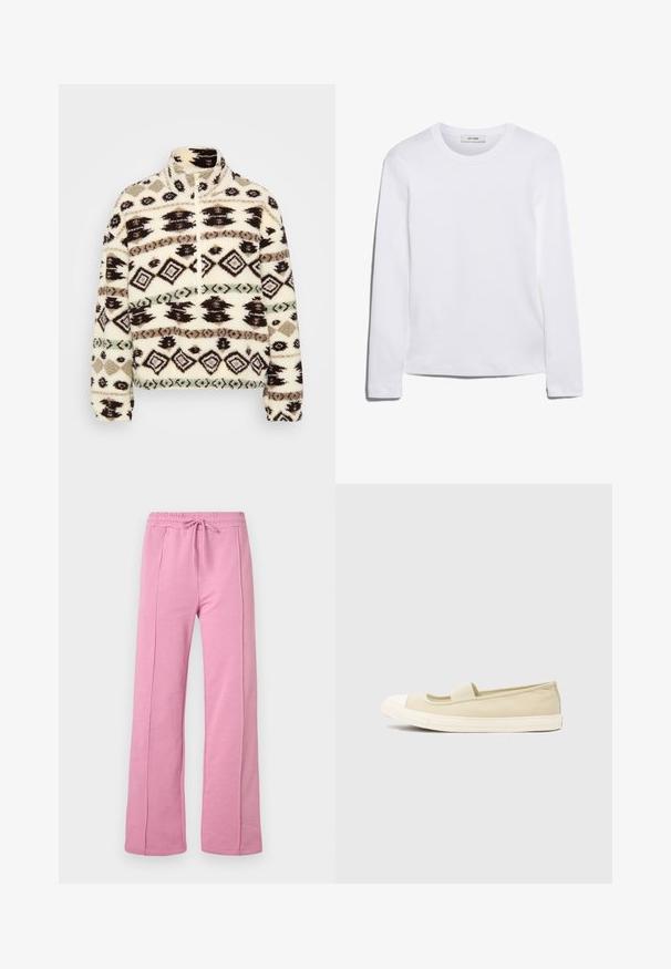 Fleece halv-zip pullover i crème, med geometriske mønstre i sort, brun og mint, med høj krave og ribbede manchetter.; Langærmet hvid T-shirt lavet af ribbet bomuld, med rund halsudskæring og lige kant. Simpelt design uden mønstre eller accenter.; Lyserøde vidde bukser med frontsømme, elastisk taljebånd og snørelukning, vist på en ensfarvet hvid baggrund.; Beige slip-on sko med gummisål, rund hvid tåhætte, elastisk bånd over vristen og glat tekstiloverdel.