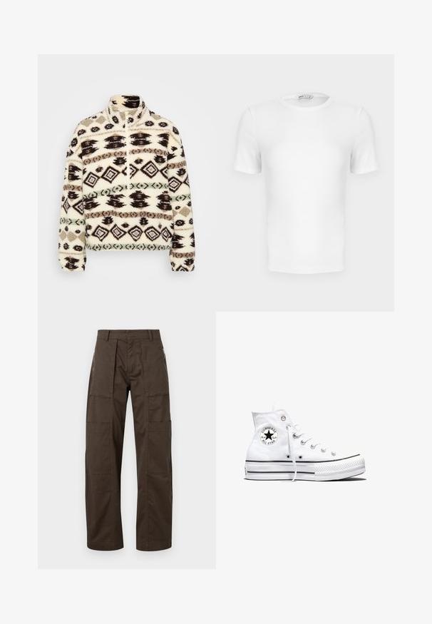 Fleece halv-zip pullover i crème, med geometriske mønstre i sort, brun og mint, med høj krave og ribbede manchetter.; Hvid ribstrikket T-shirt med korte ærmer, rund hals og tætsiddende pasform samt en lille mærkeetiket inde i kraven.; Brune cargo bukser lavet af holdbart stof med flere lommer, en afslappet pasform og fremtrædende syninger for øget holdbarhed.; Hvid højtop Converse Chuck Taylor All Star-sneaker med sort logo-patch og hvide snørebånd, vist på hvid baggrund.
