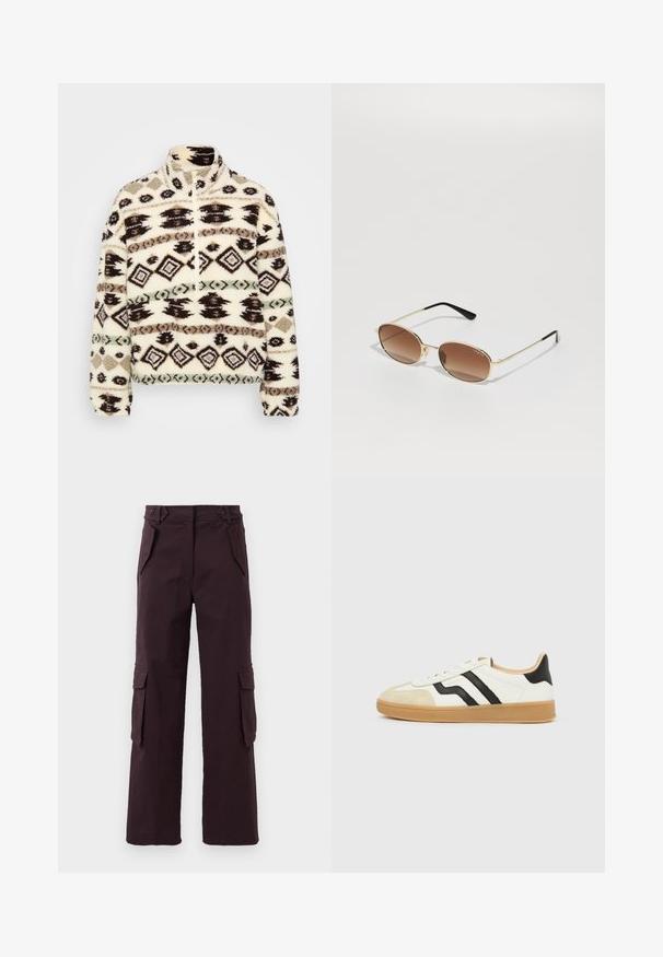 Fleece halv-zip pullover i crème, med geometriske mønstre i sort, brun og mint, med høj krave og ribbede manchetter.; Mørkeblå lige cargo-bukser med klaplommer på siderne, skrå frontlommer og bæltestropper i taljen.; Hvid sneaker med beige tåhæt, sorte sidelister, lysebrun sål og lavt snit.; VOGUE Eyewear Solbriller - pale gold-coloured