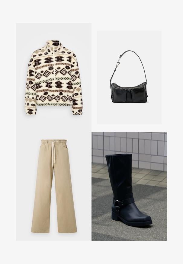 Fleece halv-zip pullover i crème, med geometriske mønstre i sort, brun og mint, med høj krave og ribbede manchetter.; Beige viddebenede bukser lavet af bomuld med elastisk talje og snøre. Har to sidelommer og en glat tekstur.; Sort læderstøvle midt på læggen med lav blokhæle og en dekorativ rem med metal spænde rundt om anklen, på en flisebelagt fortov.; Sort skuldertaske i læder med justerbar rem og to store forlommer med lynlås på en ensartet lys baggrund.