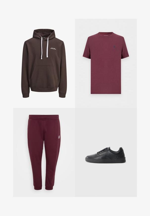 Brun hætte sweatshirt med hvide snore, frontlomme i kangaroo-stil og lille hvid tekst "CORE™ DEPT. ETABLERET 1990" på brystet.; Almindelig t-shirt med korte ærmer og rund hals i bordeaux med et lille mørkt emblem på venstre bryst fra Pier One.; Burgundy sweatpants lavet af blødt stof, med elastisk talje, elastiske ankler og et lille broderet logo på venstre lår.; Sorte lædersneakers med en glat finish, rund tå, struktureret sidelæder og sorte snørebånd. Har en flad gummisål og et minimalistisk design.
