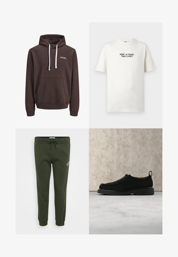 Brun hætte sweatshirt med hvide snore, frontlomme i kangaroo-stil og lille hvid tekst "CORE™ DEPT. ETABLERET 1990" på brystet.; Hvid kortærmet crew neck T-shirt med sort tekst "WHEN IN DOUBT TAKE A NAP!" trykt på brystet.; Olivenfarvede sweatpants lavet af blød bomuldsblanding, med elastisk talje med snor og ribbede manchetter ved anklerne.; Sort lædersko til fritid med snørebånd, tyk sål og træksnor, placeret i luften over beige tæppe med brunt rundt møbel i baggrunden.