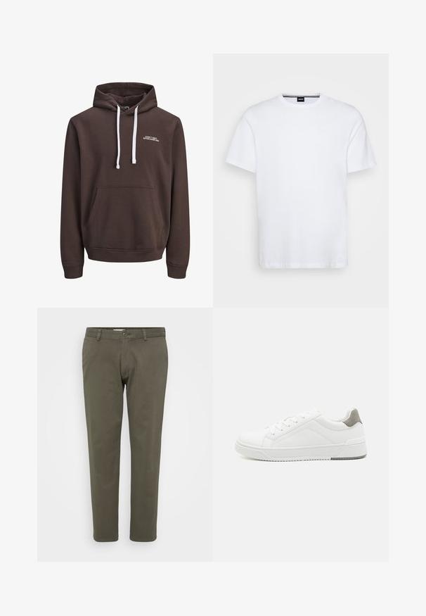 Brun hætte sweatshirt med hvide snore, frontlomme i kangaroo-stil og lille hvid tekst "CORE™ DEPT. ETABLERET 1990" på brystet.; Hvid bomulds t-shirt med rund halsudskæring og korte ærmer. Har et subtile mærke ved halsen. Glat tekstur, klassisk pasform.; Olivenfarvede bukser lavet af en bomuldsblanding. Lige ben design med flad front, knaplukning og bæltestropper. Glat tekstur.; Hvid sneaker lavet af glat læder, rund tå, minimalistisk design, grå hælafsats og tekstureret gummisål.