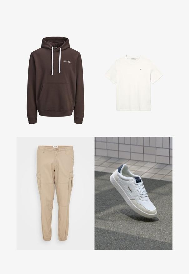 Ruskea huppu sweatshirt valkoisilla nyöreillä, edessä kengurutasku ja pieni valkoinen teksti "CORE™ DEPT. ESTABLISHED 1990" rinnassa.; Valkoinen puuvillapaita lyhyillä hihoilla, pyöreä pääntie ja pieni musta logo rinnassa. Yksinkertainen, koristelematon muotoilu.; Beige cargo-housut, jotka on valmistettu kevyestä kankaasta, ja joissa on kapeat lahkeet, joustavat hihnat sekä sivutaskut läpällä lisäämään käytännöllisyyttä.; Valkoiset lenkkarit, joissa on sileä nahkapinta, teksturoitu mokkanahkakorostus, tummansininen kantapääntuuppi ja nauhakiinnitys, esiteltynä harmaan asfaltin taustalla.