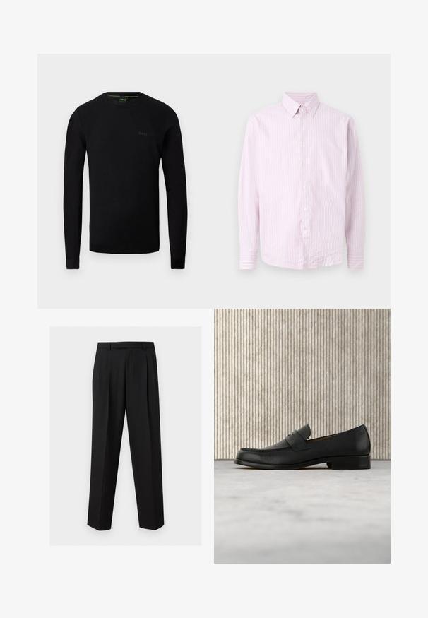 Pull noir à manches longues pour homme avec col rond, texture subtile sur les épaules et logo "BOSS" sur la poitrine à gauche.; Chemise à manches longues à rayures verticales rose clair et blanche, boutonnée, avec col à boutons, présentée de face sur un fond neutre.; Pantalon noir sur mesure avec jambes droites, plis à la taille, passants de ceinture et poches latérales fendues, présenté sur un fond uni.; Mocassin en cuir noir flottant au-dessus d'un tapis beige avec une table ronde brune brillante en arrière-plan.