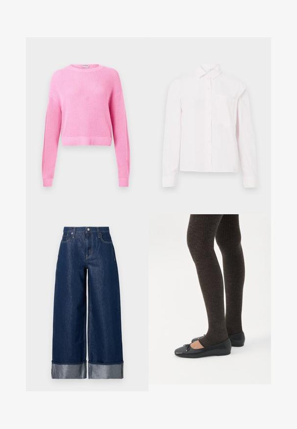 Pull court en tricot rose avec manches longues, texture côtelée et col rond. Le tissu présente un tissage fin et une finition douce.; Chemise rose pâle à manches longues avec un col et une poche sur la poitrine, présentée sur un fond blanc.; Jean large en denim bleu foncé à taille haute, design à cinq poches, et revers pliés dévoilant le tissu intérieur plus clair.; Jambes portant des leggings côtelés foncés associés à des ballerines noires avec de petits détails en nœud sur fond blanc.