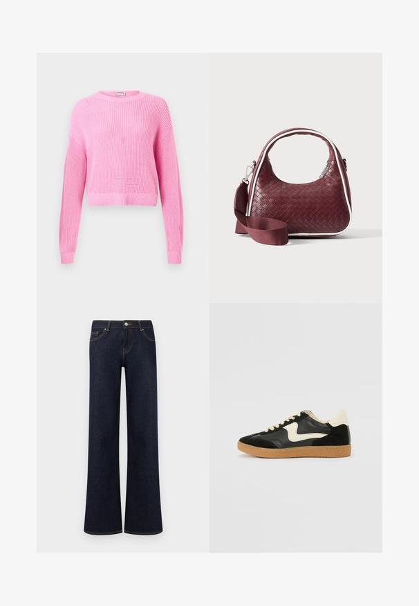 Pull court en tricot rose avec manches longues, texture côtelée et col rond. Le tissu présente un tissage fin et une finition douce.; Jean en denim bleu foncé à jambes larges avec poches avant, fermeture par bouton et fermeture éclair, et coutures contrastantes visibles.; Baskets en daim et cuir noir avec un swoosh latéral crème et un talon crème clair. Dotées de lacets beige et d'une semelle en caoutchouc gomme.; Sac à main en cuir tressé marron foncé avec poignée courbée, garniture blanche, fermeture éclair argentée et bandoulière large en tissu amovible sur fond uni.