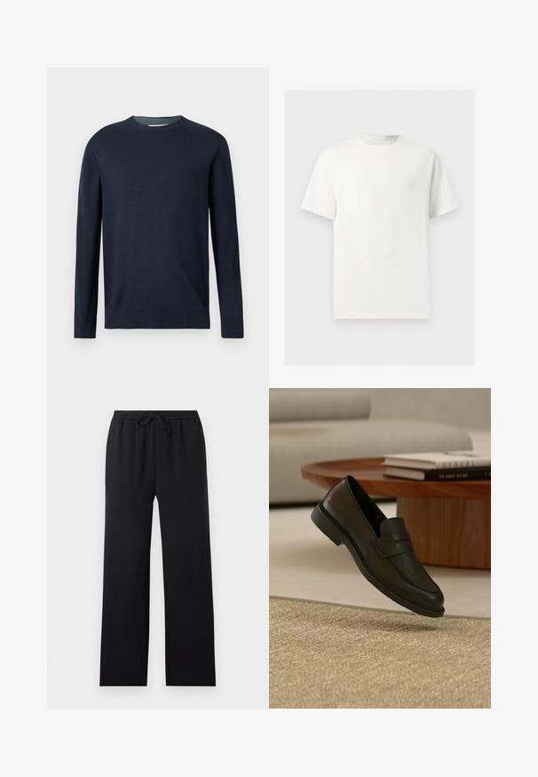 Marineblauwe crewneck trui met lange mouwen en geribde manchetten en zoom, weergegeven tegen een effen lichte achtergrond.; Effen wit T-shirt met korte mouwen en ronde hals, weergegeven op een lichtgrijze achtergrond.; Zwarte loszittende broek met elastische tailleband en vooraan trekkoord, rechte pijpen, eenvoudig ontwerp, weergegeven op een neutrale achtergrond.; Zwarte leren loafer schoen getoond in de lucht boven een beige geweven tapijt, met een houten tafel en gestapelde boeken in een zacht verlichte woonkamer.
