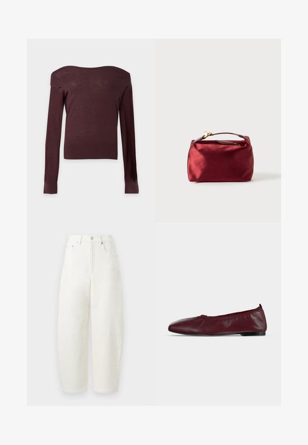 Pull moulant marron foncé à épaules dénudées, manches longues, avec poignets et ourlet côtelés sur un fond clair uni.; Jean en denim blanc à taille haute, jambes larges, avec bouton frontal, fermeture éclair, passants pour ceinture, et poches à l'avant et à l'arrière.; Ballerine plate en cuir bordeaux avec bord supérieur élastique froncé et fine semelle noire sur fond blanc.; Trousse de maquillage en satin bourgogne de forme rectangulaire, avec fermeture éclair et une poignée courte. Présente un design minimaliste et une texture lisse.