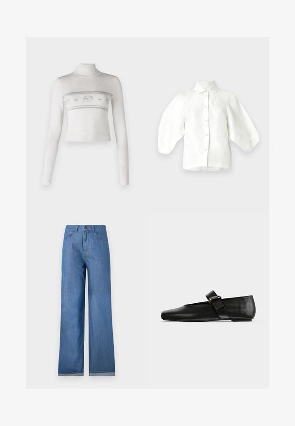 Pull blanc cropped avec un col montant, présentant des motifs en laine argentée et une texture côtelée au niveau de l'ourlet et des poignets.; Chemise en lin blanc avec un col à revers, une fermeture boutonnée sur le devant et des manches bouffantes amples. Texture lisse avec une coupe décontractée.; Jean bleu taille haute à jambes larges avec bouton sur le devant, fermeture éclair, poches avant et revers pliés.; Chaussure plate en cuir noir avec un bout arrondi et une bride ornée d'une boucle métallique sur le cou-de-pied.