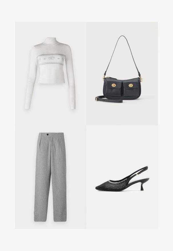 Kippet hvid sweater med høj hals, udstyret med sølvstrikkede mønstre og en ribbet tekstur langs kanten og ærmerne.; CLOSED MAWSON - Bukser - mud grey; Sort slingback kitten heel sko med spids tå, net og perlebesat overlæg og slank ankelrem med guldlås.; Sort skuldertaske i læder med to frontlommer med klap og låsebeslag i guldfarvet metal samt aftagelig tværrem.