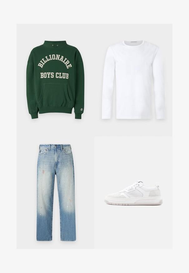 Grøn sweatshirt med høj hals, frontlomme og "BILLIONAIRE BOYS CLUB" trykt i creme. Inkluderer logo-patch på venstre ærme.; Hvid langærmet rundhalset trøje med et enkelt og rent design uden synlige mønstre eller logoer.; Lyseblå denimjeans med lige pasform, der har falmet effekt, malingstænk og en mediumvasket tekstur. Inkluderer det klassiske fem-lomme-design.; Hvid lav-sko med perforerede sidepaneler, snøredesign, mærket "ICEBERG" på sål og side samt ruskindsdetaljer.