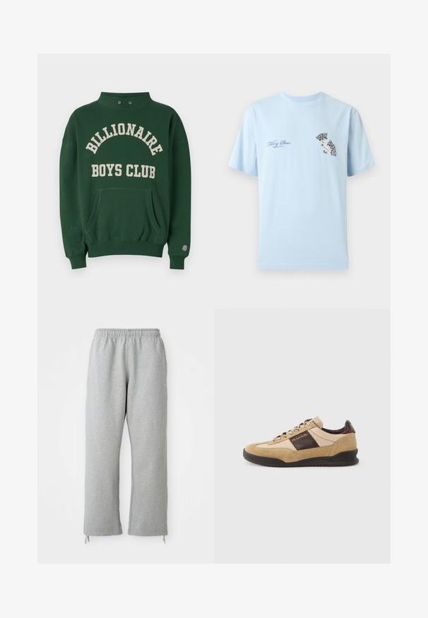 Grøn sweatshirt med høj hals, frontlomme og "BILLIONAIRE BOYS CLUB" trykt i creme. Inkluderer logo-patch på venstre ærme.; Lyseblå T-shirt med korte ærmer med teksten "Filling Pieces 'Breaking Bread'" og en grafik af en knust tallerken på brystet.; Grå sweatpants med elastisk talje, lige ben og snoretræk ved kanten. Fremstillet af blødt, struktureret stof.; Beige ruskindssneaker med et tekstureret brunt panel, kontrasterende brun hæl og flerfarvede snørebånd. Har en sort gummisål og guldfarvet mærkning.