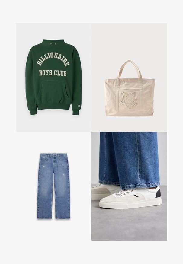 Grøn sweatshirt med høj hals, frontlomme og "BILLIONAIRE BOYS CLUB" trykt i creme. Inkluderer logo-patch på venstre ærme.; Blå jeans med lige ben og let slid, design med fem lommer, knap- og lynlåslukning, vist fladt på en hvid baggrund.; Hvide og sorte sneakers med en glat læderoverdel, teksturerede detaljer og en kraftig hvid sål. Har et klassisk snørebåndsdesign.; Beige lærredsnettaske med dobbelte håndtag og et præget ulvehoveddesign på forlommen.