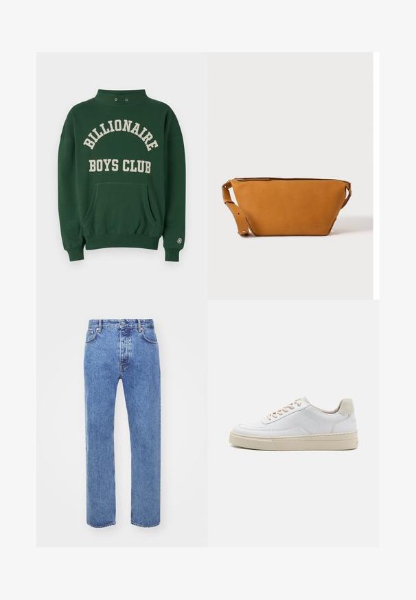 Roheline pusaku, millel on kõrge kaelus, esi-tasku ja "BILLIONAIRE BOYS CLUB" prinditud kreemja värviga. Vasakul varruka kohal on logo kleebis.; Won Hundred STEVE - Avar lõikega teksad - cut blue; Valged tennisajalatsid, millel on sile naha pealis, beežid paelad ja tekstureeritud beežist seemisnahast kand. Tõstetud tallad lisatud kõrguse saavutamiseks.; Helepruun nahast ristiaskott reguleeritava sangaga ja tõmblukuga sulgumisega, kujutatud ühevärvilise heleda tausta ees.