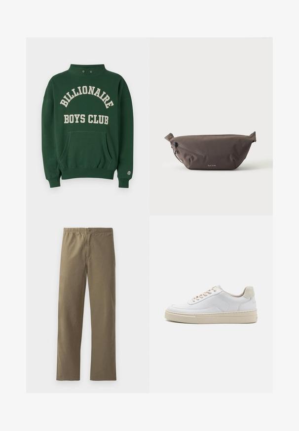 Grüner Pullover mit hohem Kragen, Fronttasche und "BILLIONAIRE BOYS CLUB" in Creme gedruckt. Mit Logo-Patch auf dem linken Ärmels.; Khaki-Hosen aus leichtem Stoff. Mit einem elastischen Bund, einem Knopfverschluss, geraden Beinen und einer glatten Textur.; Weiße Sneaker mit einem glatten Lederobermaterial, beigen Schnürsenkeln und einer strukturierten, beigen Wildleder-Fersenschlaufe. Erhöhte Sohle für zusätzlichen Komfort.; Dunkelbraune Stoff-Gürteltasche mit diagonalem Reißverschlussfach und kleinem weißen Logo vorne, vor einem einfarbigen hellen Hintergrund.