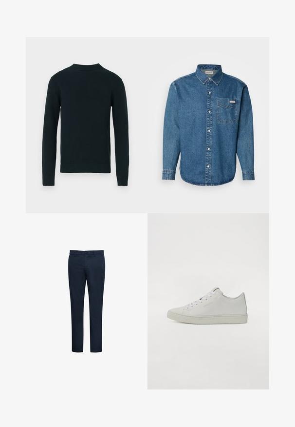 Sort langærmet strikket sweater med rund halsudskæring og ribbede manchetter og kant, vist på en ensfarvet hvid baggrund.; Blå denim langærmet skjorte med button-down krave, brystlomme og kontraststing. Stofstrukturen er glat med en afslappet stil.; Mørkeblå chinos med en glat tekstur, slank pasform, bæltestropper, forlommer og knaplukning. Ren design og minimal detaljer.; Hvide lædersneakers med lavt design, der har runde snørebånd, minimal syning og en struktureret gummisål.
