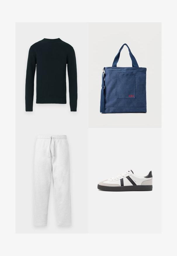 Sort langærmet strikket sweater med rund halsudskæring og ribbede manchetter og kant, vist på en ensfarvet hvid baggrund.; Lys grå sweatpants lavet af blødt materiale, med en elastisk talje med snøre og en afslappet pasform.; Hvide sneakers med sorte og grå detaljer, med en tekstureret grå tåhætte, sort gummisål og flade hvide snørebånd. Rent design, minimalistisk stil.; Blå lærredstote taske med frontlomme og rød "O.N.S" broderi, med to håndtag og en justerbar skulderrem.