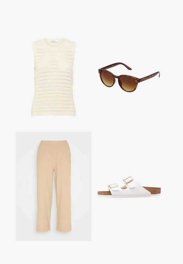 Top en tricot crème texturé avec un décolleté et des bords d'épaules en forme de vagues, présentant un motif en maille ouverte et un design sans manches.; Pantalons courts beiges, légers, avec une taille élastique. Présentent une coupe ample et une texture lisse, adaptés à un style décontracté.; Sandales en caoutchouc blanches avec deux sangles réglables, boucles dorées et semelle intérieure en liège marron. Semelle texturée pour une meilleure adhérence, design minimaliste.; Lunettes de soleil écaille de tortue avec une forme vintage œil de chat, verres dégradés marron et finition lisse et brillante sur les montures et les branches.