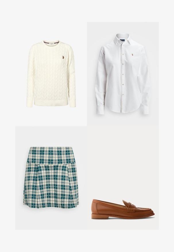 Pull blanc à manches longues en maille torsadée avec col rond et petit logo brodé de l'U.S. Polo Assn. sur la poitrine gauche.; Chemise blanche à manches longues en coton, dotée d'un col classique et d'un petit logo brodé sur la poitrine.; Jupe à carreaux en crème et teal, avec des plis, une taille ajustée et un tissu léger. Motif à carreaux distinctif sur l'ensemble.; Mocassin en cuir marron avec petit talon en bois, bride classique pour pièce et détails cousus le long de la pointe et des côtés.