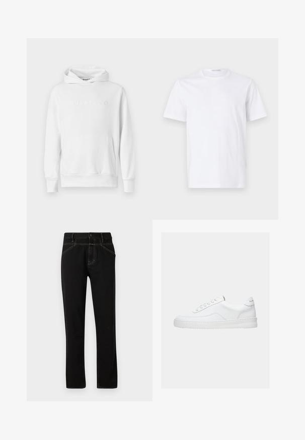 Hvid hoodie med frontkangaroo-lomme, snørehætte og præget "QUARTZ CO" logo på brystet. Blødt bomuldsstof.; Hvid bomulds t-shirt med rund halsudskæring og korte ærmer. Glat tekstur, lige snit og minimalistisk design uden mønstre eller accenter.; Sorte denim jeans med lige pasform, prydet med gule syninger, fem lommer og en frontlukning med knap. Glat tekstur og minimalistisk design.; Hvid lavt sneaker med snørelukning, glat læderoverdel og tyk sål, vist fra siden på en ensfarvet baggrund.