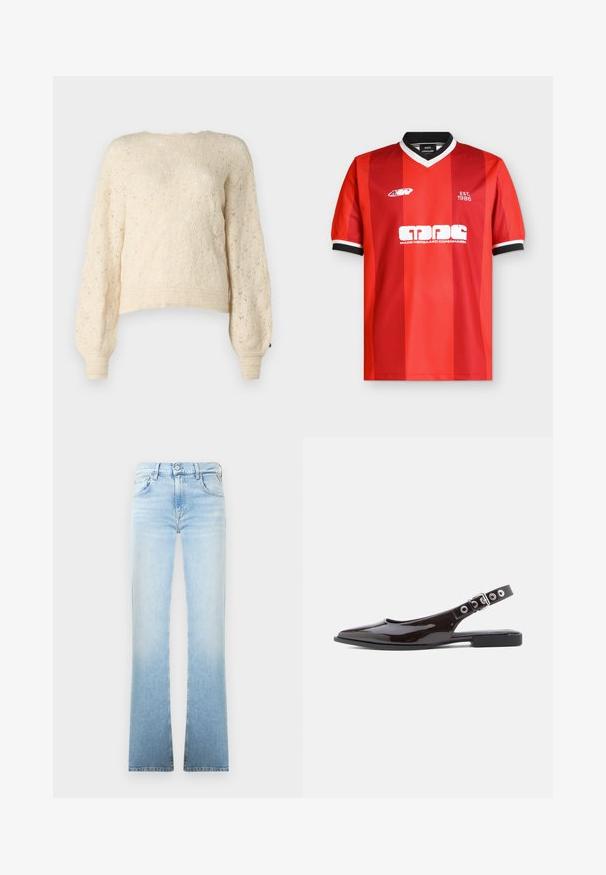 Cremefarvet strikket sweater med et tekstureret diamantmønster, lange puffede ærmer og ribbede manchetter. Den cropped design tilføjer et moderne præg.; Rød og mørkerød kortærmet sportstrøje med sort og hvid V-hals og ærmekanter, hvide logoer og teksten "EST. 1986" på brystet.; Lysblå denim flared jeans med en gradvis farvefade, fem-lomme design og en knaplukning ved taljen. Glat tekstur og rene linjer.; Sorte slingback-flats i lakeret læder med spids tå, flad hæl og justerbar rem med sølvfarvet hardware og nitteaccents.