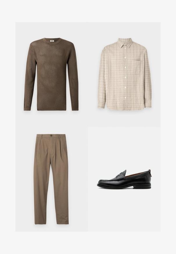Brun, langærmet striktrøje med et struktureret, åbent vævemønster. Rundet halsudskæring og ribbede manchetter fuldender designet.; Button-up skjorte i lys beige, med et ternet mønster, lange ærmer, en brystlomme og et almindeligt kravedesign.; Brune plisserede bukser lavet af blødt stof, med lynlås og knaplukning foran, lige ben-design og glat overflade.; Sort læder herre loafer med moc-tå syning, penny strop, struktureret krave og lav stablet hæl på hvid baggrund.
