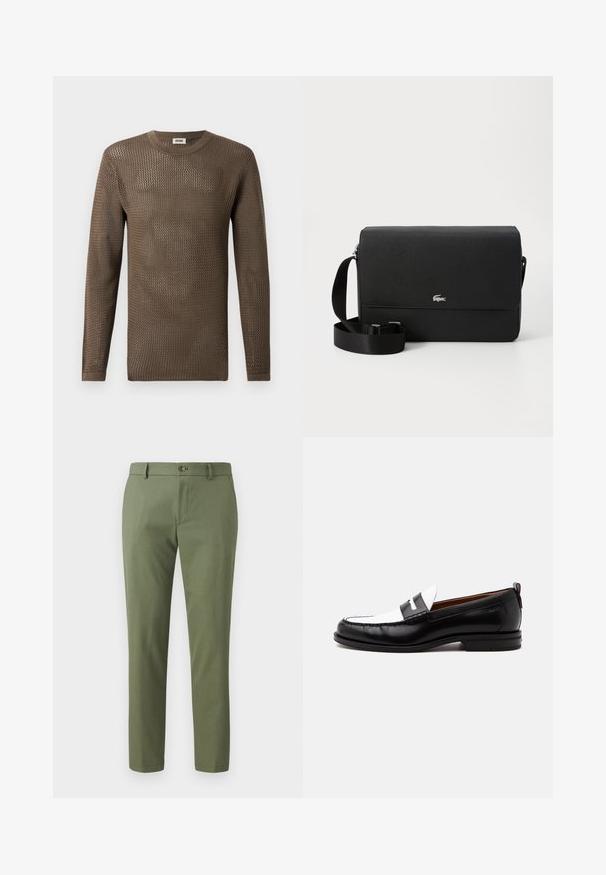 Suéter de punto marrón de manga larga con un patrón texturizado de tejido abierto. Un cuello redondeado y puños acanalados completan el diseño.; Pantalones verdes de tejido texturizado, con corte slim, piernas rectas y cierre de botón en la parte delantera. Adecuados para un uso casual o formal.; Mocasín de cuero blanco y negro con detalles cosidos, tacón bajo y diseño tipo slip-on, mostrado de lado sobre un fondo liso.; Bolso cruzado de cuero negro con una textura suave, tapa frontal, acento con logo plateado y correa de tela ajustable.