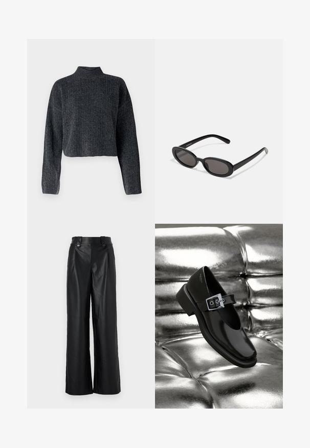 Suéter corto de color gris oscuro con cuello alto y mangas largas. Confeccionado en un tejido de punto texturizado con un sutil patrón en toda la superficie.; Pantalones de pierna ancha negros, hechos de cuero sintético, con una cintura alta y dos botones en la parte delantera, y una textura suave y brillante.; Zapato Mary Jane negro de cuero con punta cuadrada, acento de hebilla plateada y un tacón bajo y grueso, colocado sobre un fondo plateado brillante.; Even&Odd by Zalando Gafas de sol - black