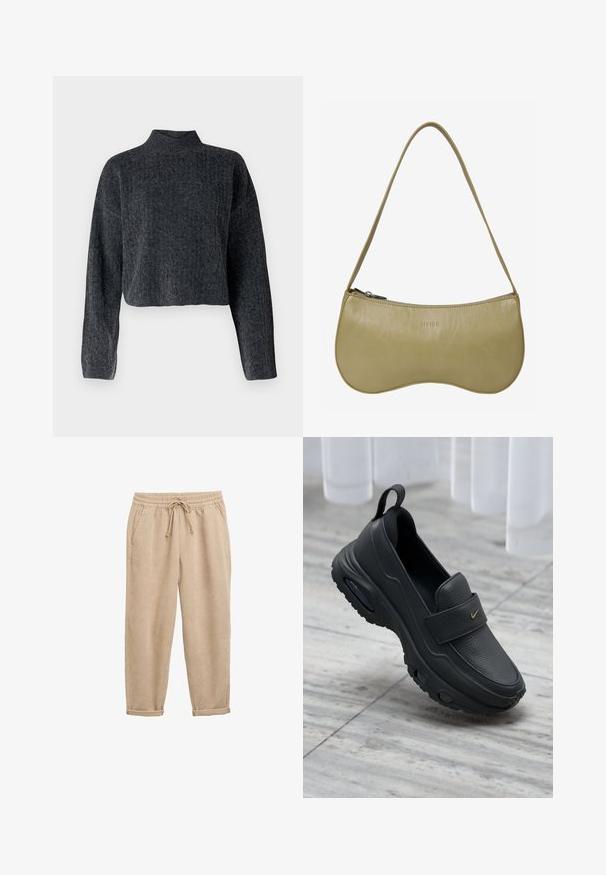 Afskåret, mørkegrå sweater med høj hals og lange ærmer. Fremstillet af tekstureret strikket stof med diskrete mønstre gennem hele. ; Beige kordfløjl bukser med elastisk talje og snor, med lodret ribbet tekstur og snævre ben.; Sort læder slip-on sko med flad sål, tekstureret finish, polstret overdel og guldfarvet logo-accent. Designet for komfort og nem påtagning.; Grøn skuldertaske i læder med en buet form, lynlås lukning og en enkelt rem. Har præget mærkenavn på forsiden.