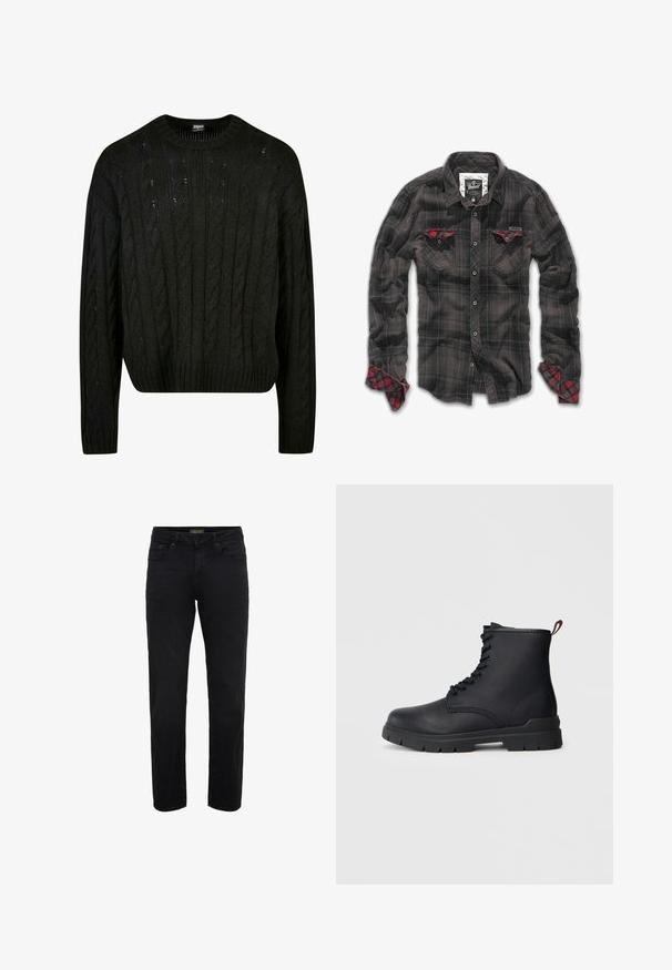 Sort strikket sweater med kabelstrik mønstre, rund halsudskæring, dropped skuldre og ribbet kant. Mellemlang design med en tekstureret finish.; Sort ternet flannel skjorte med røde accenter på brystlommerne og manchetterne, med knaplukning foran og klassisk kravesystem.; Sorte denimjeans med lige snit, der har to forlommer, en baglomme og bæltestropper. Glat tekstur, minimale detaljer.; Sort læder ankelstøvle med snørebånd foran, tykk gummisål og rød løftestrop ved hælen, vist mod en ensfarvet lys baggrund.