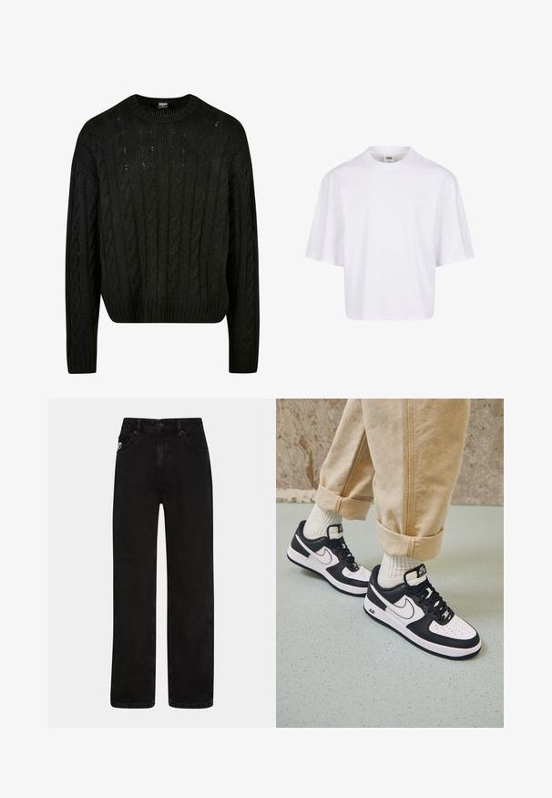 Pull en tricot noir avec des motifs en maille torsadée, col rond, épaules tombantes et ourlet côtelé. Design mi-crop avec une finition texturée.; T-shirt blanc à manches courtes avec un col rond et une coupe décontractée, fabriqué à partir d'un tissu en coton mélangé doux. Aucun motif ni embellissement.; Jean en denim noir avec une coupe droite, doté de poches avant, d'une fermeture à bouton et d'une discrète étiquette logo sur la taille.; Baskets Nike Air Force 1 en noir et blanc avec un dessus en cuir, orteil perforé et détail de semelle texturée, portées avec un pantalon beige retroussé et des chaussettes blanches.