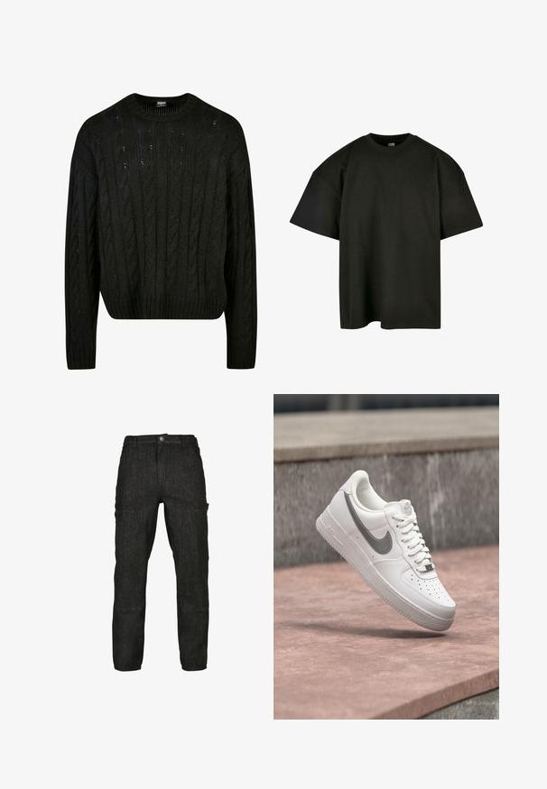 Suéter negro de punto con patrones de trenzado, cuello redondo, hombros caídos y dobladillo acanalado. Diseño midi-crop con un acabado texturizado.; Camiseta negra de corte oversized en suave algodón. Presenta un cuello redondo y mangas cortas, con una textura suave y un diseño minimalista.; Pantalones de mezclilla negros con un corte relajado, que presentan bolsillos laterales y una textura sutil. Los detalles de costura a lo largo de las rodillas añaden refuerzo.; Zapatilla blanca Nike Air Force 1 con logo swoosh gris flotando sobre una superficie de piedra y un fondo de pared de piedra gris.