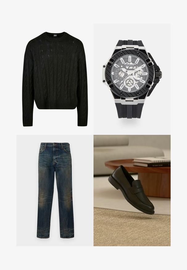 Sort strikket sweater med kabelstrik mønstre, rund halsudskæring, dropped skuldre og ribbet kant. Mellemlang design med en tekstureret finish.; Mørkeblå denimjeans med lige snit, forreste knap og lynlås samt standard fem-lomme design på ensfarvet baggrund.; Sort læderloafer vist i luften over en beige vævet tæppe, med et træbord og stablede bøger i et blødt oplyst stue.; Sort gummirem ur med en stålkant, en tekstureret sort urskive med hvide timemarkører og tre subdialer.