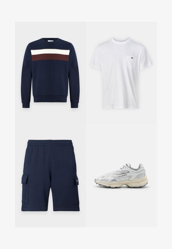 Marineblaues Sweatshirt mit einem Frontdesign aus horizontalen Streifen in Weiß, Burgunderrot und Olivgrün. Rundhalsausschnitt, gerippte Bündchen und Saum.; Weißes Baumwoll-T-Shirt mit Rundhalsausschnitt und kurzen Ärmeln. Verfügt über eine linke Brusttasche und ein kleines grünes Lacoste-Logo.; Marineblaue Cargo-Shorts aus weichem Stoff, mit einem elastischen Bund, zwei Seitentaschen und einem kleinen Logoakzent auf der linken Tasche.; Weiße Sportschuhe mit grauen Akzenten, Obermaterial aus Mesh und Synthetik, Schnürdesign und rutschfester Gummisohle mit Strukturmustern.