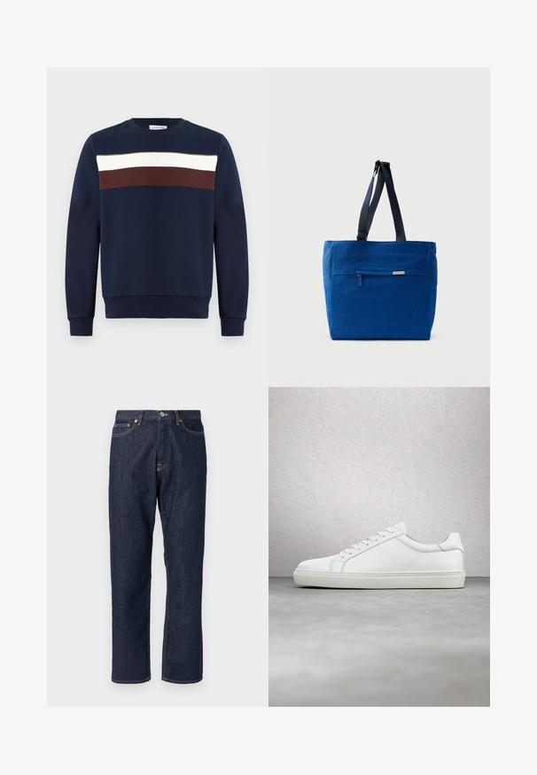 Marineblaues Sweatshirt mit einem Frontdesign aus horizontalen Streifen in Weiß, Burgunderrot und Olivgrün. Rundhalsausschnitt, gerippte Bündchen und Saum.; Dunkelblaue Denimjeans mit geradem Bein-Design. Verfügt über einen Knopf- und Reißverschluss, fünf Taschen und Kontrastnähte.; Weißer Sneaker mit glattem Lederobermaterial und niedrigem Profil. Verfügt über eine runde Zehenpartie, sechs Ösen und eine strukturierte Gummisohle.; Blaue Canvas-Einkaufstasche mit einer vorderen Reißverschlusstasche, doppelten Schulterriemen und rechteckiger Form. Verfügt über ein dezentes Markenlabel.