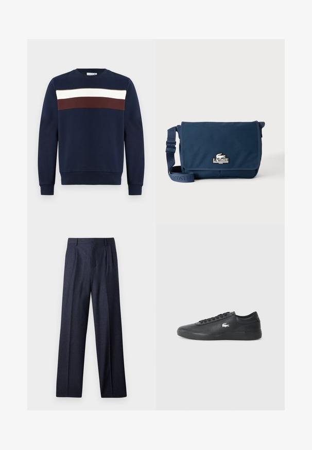 Marineblå sweatshirt med et frontdesign, der har horisontale striber i hvid, burgunder og olivengrøn. Rund halsudskæring, ribbede ærmer og kant.; Marineblå uldbukser med en skræddersyet pasform, der har plisseret foran og brede ben. Glat tekstur og rene linjer, velegnet til formelle anledninger.; Sorte lædersneakers med rund tå, flad sål og hvidt logo på siden. Har sorte snørebånd og en glat, mat finish.; Marineblå Lacoste messenger taske med justerbar rem og logo på frontklap, sat mod en ensfarvet lys baggrund.